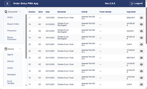 Schermata dell’app Order Entry per la raccolta ordini
